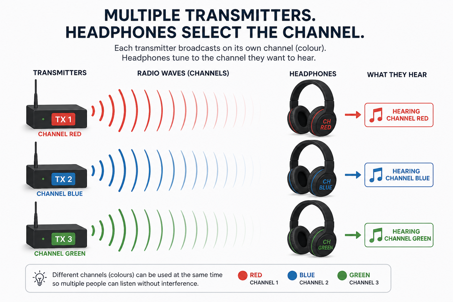 Infographic showing three silent disco transmitters with different coloured radio waves and headphones selecting different coloured channels