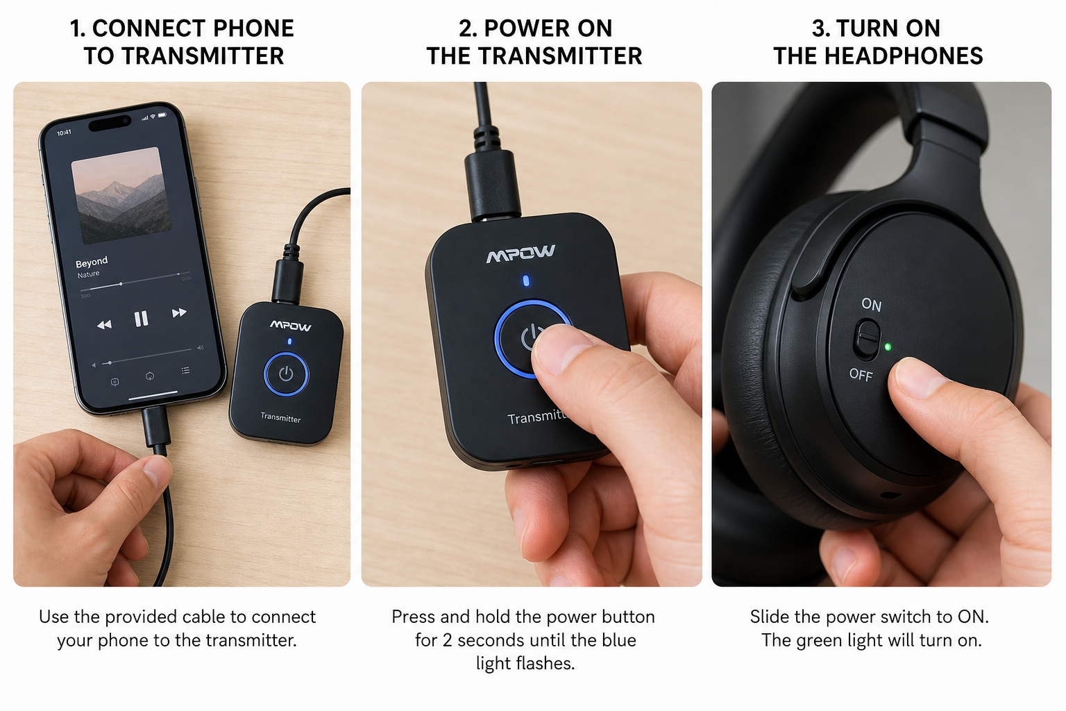 Step-by-step silent disco setup: connecting a phone to a transmitter, powering the transmitter, and switching on headphones