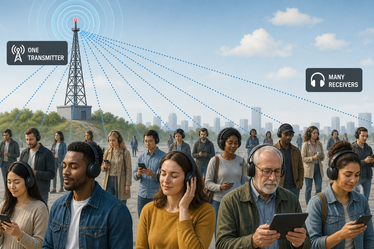 Many people wearing silent disco headphones all receiving the same broadcast signal from one transmitter