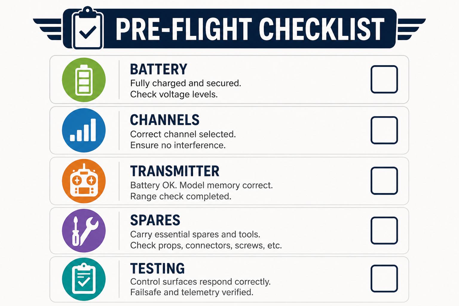 Silent disco event planning checklist with icons for battery life, channels, transmitter, spares and pre-event testing