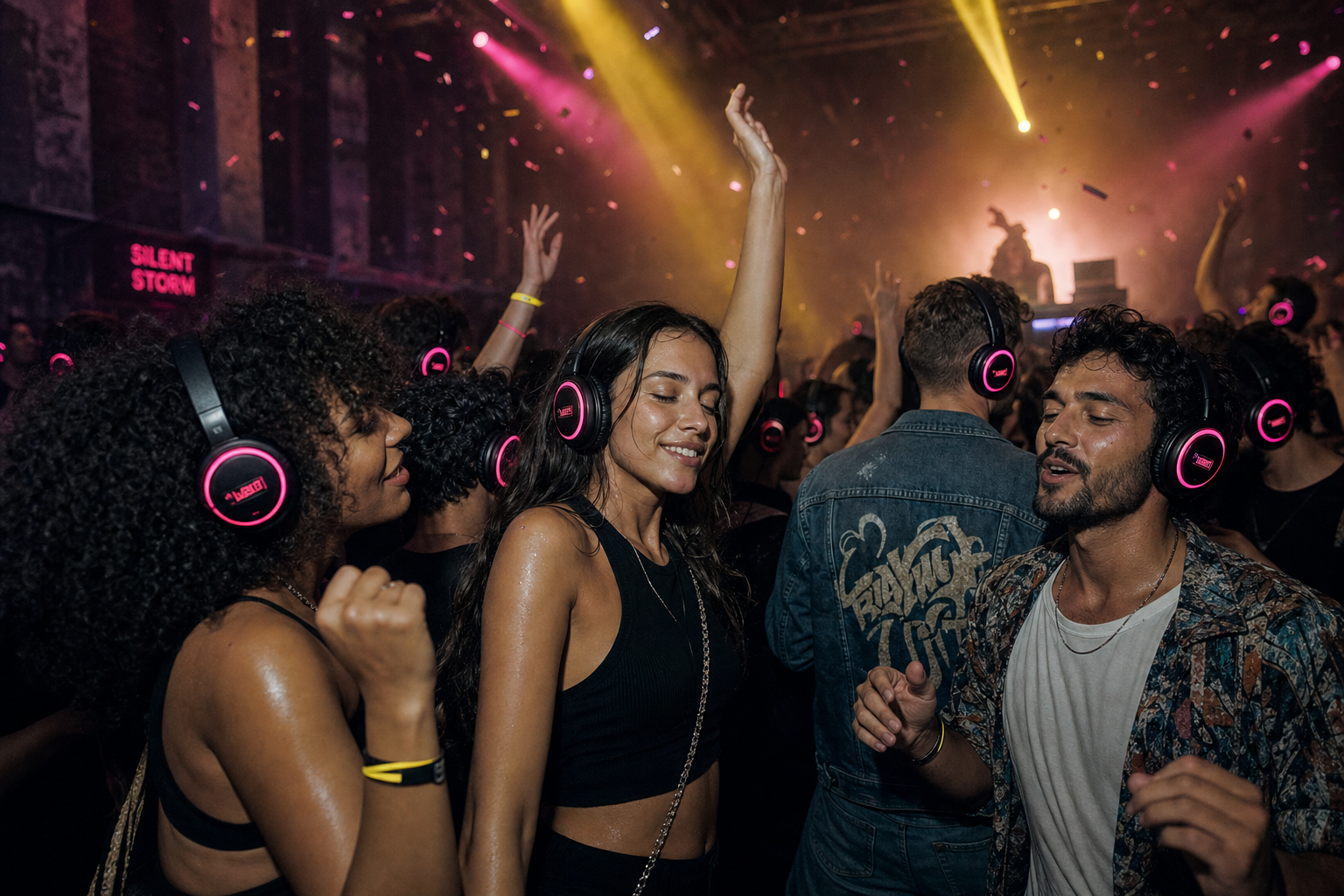 Crowd wearing illuminated wireless headphones dancing at a silent rave
