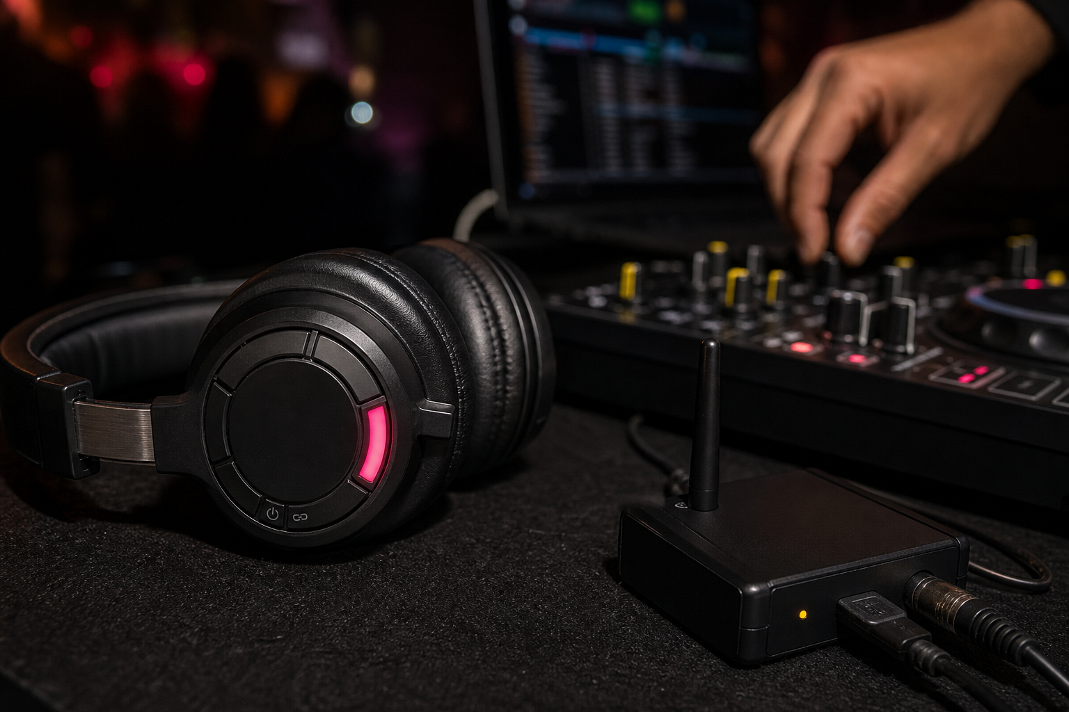 Professional silent disco headphones showing LED channel indicators beside a DJ mixing console