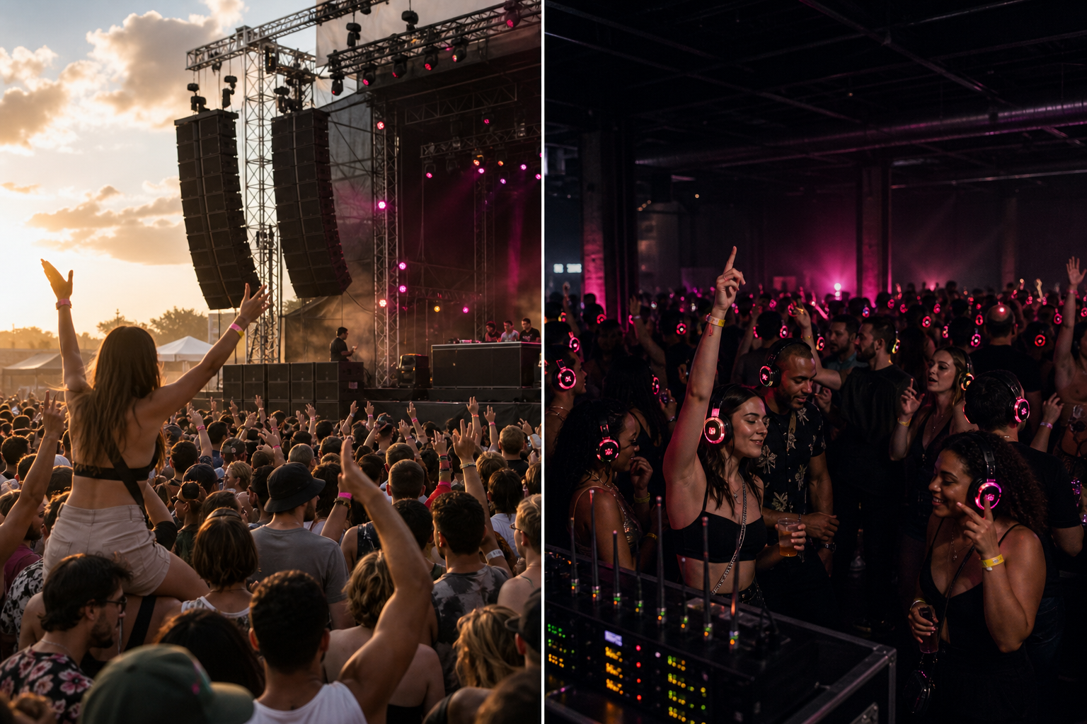 Split image comparing a crowd in front of festival speakers with a crowd wearing headphones at a silent rave