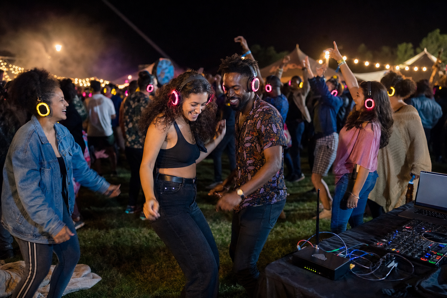 Outdoor festival at night with coloured-lit silent rave headphones visible on dancers