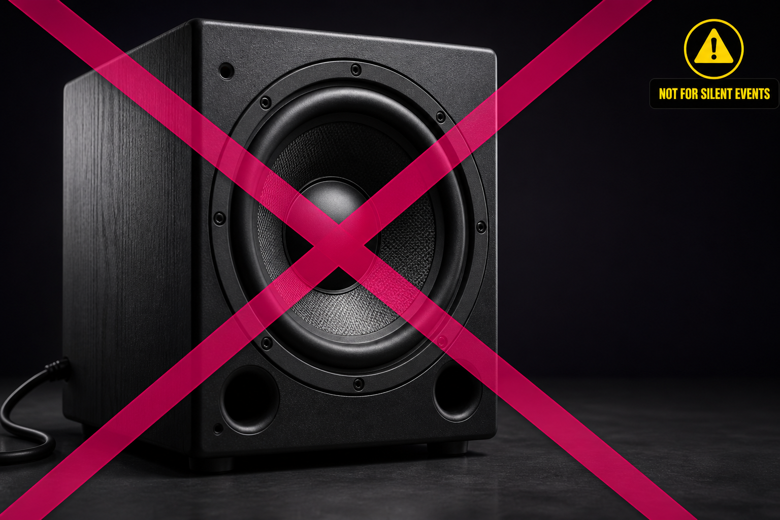Subwoofer with a red cross overlay showing why loudspeakers aren't suitable for silent rave events