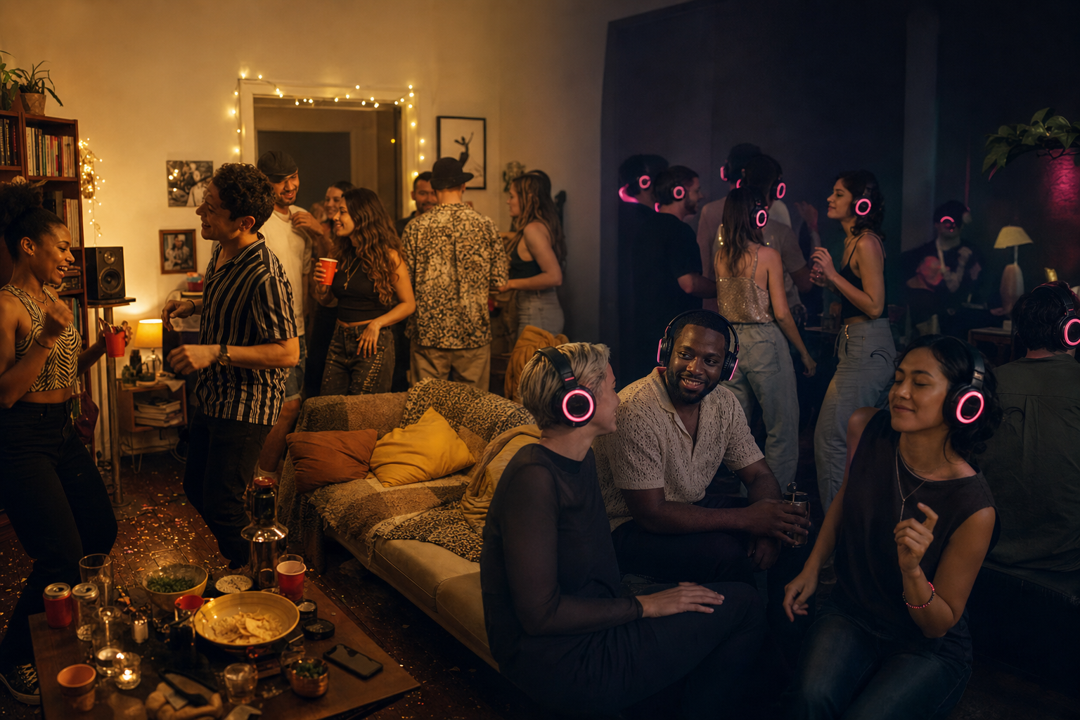 House party scene transitioning into a quieter late-night silent disco — showing how loud music parties can adapt after 11pm