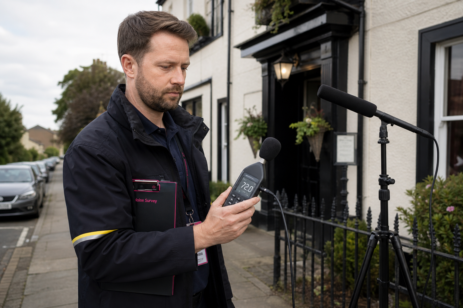 Council environmental health officer using a sound meter to take noise readings outside a residential property