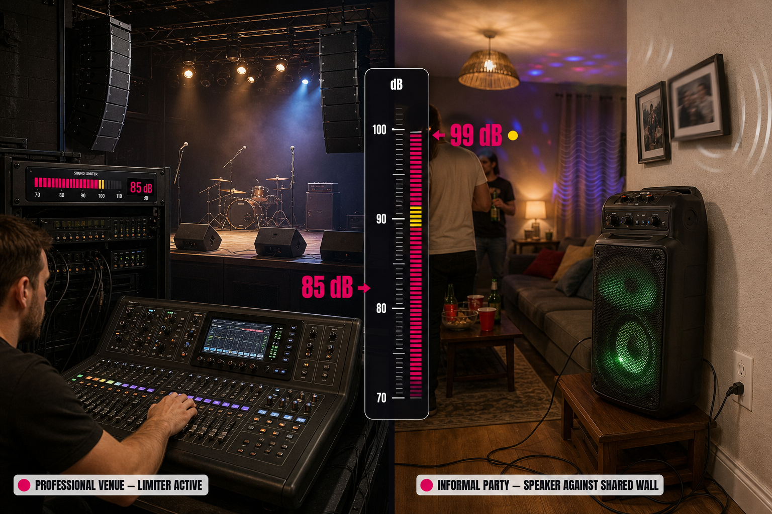 Split image showing a professional venue PA system with a sound limiter panel alongside informal living-room party speakers close to a shared wall