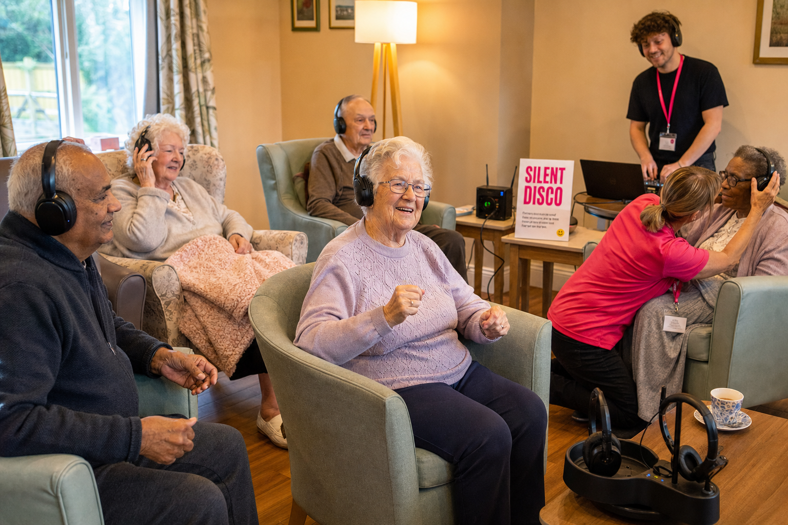 Participants at a care home silent disco for autistic and neurodivergent people enjoying headphones in a relaxed, low-lit setting
