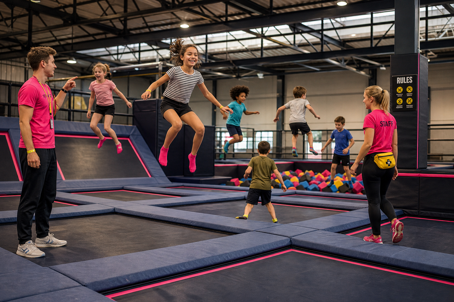 Children bouncing on interconnected trampolines at an indoor trampoline park birthday party