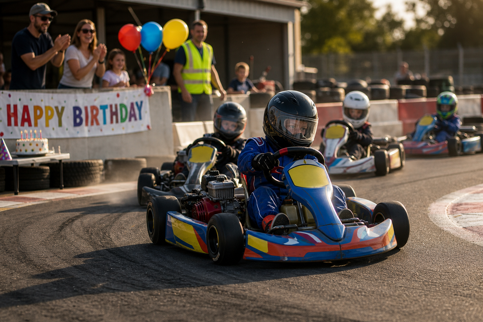 Young drivers in helmets competing on a go-kart track at a birthday party