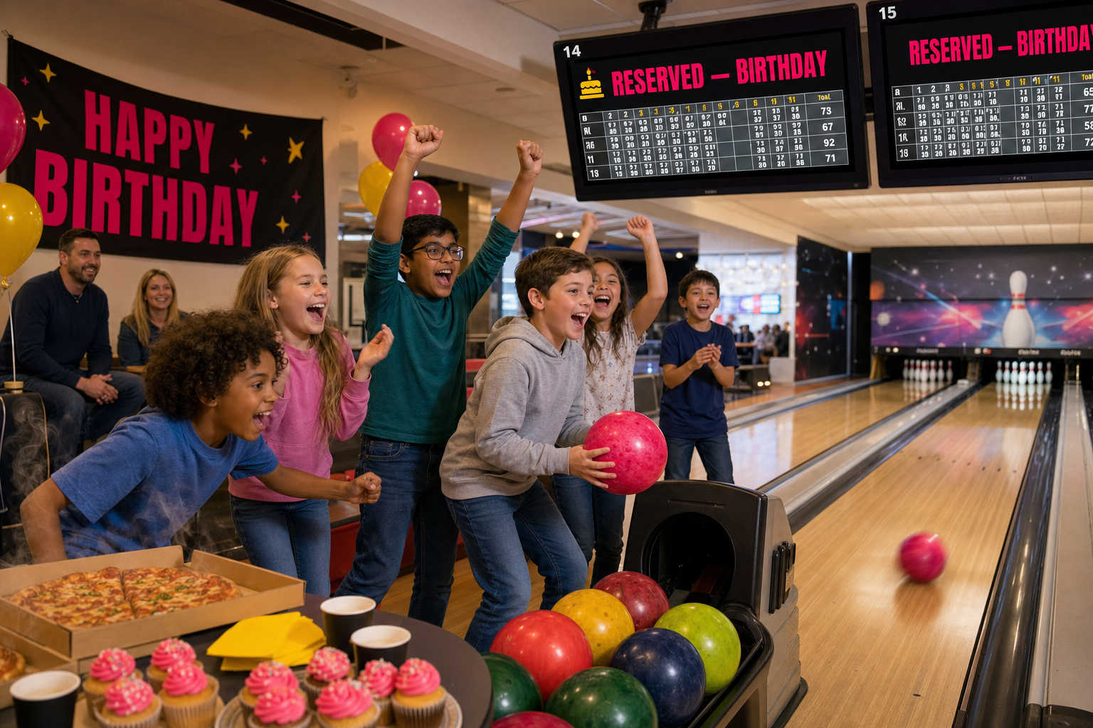 Children cheering at a bowling alley with lanes reserved for a birthday party
