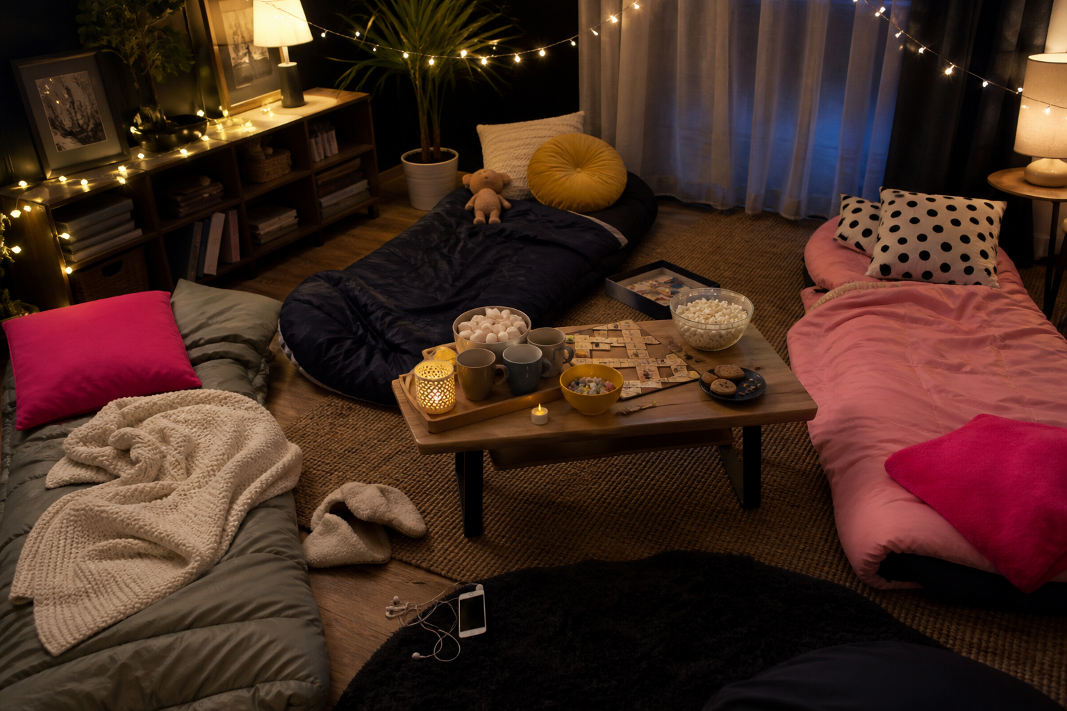 Living room arranged for a children's sleepover with sleeping bags, fairy lights and snacks