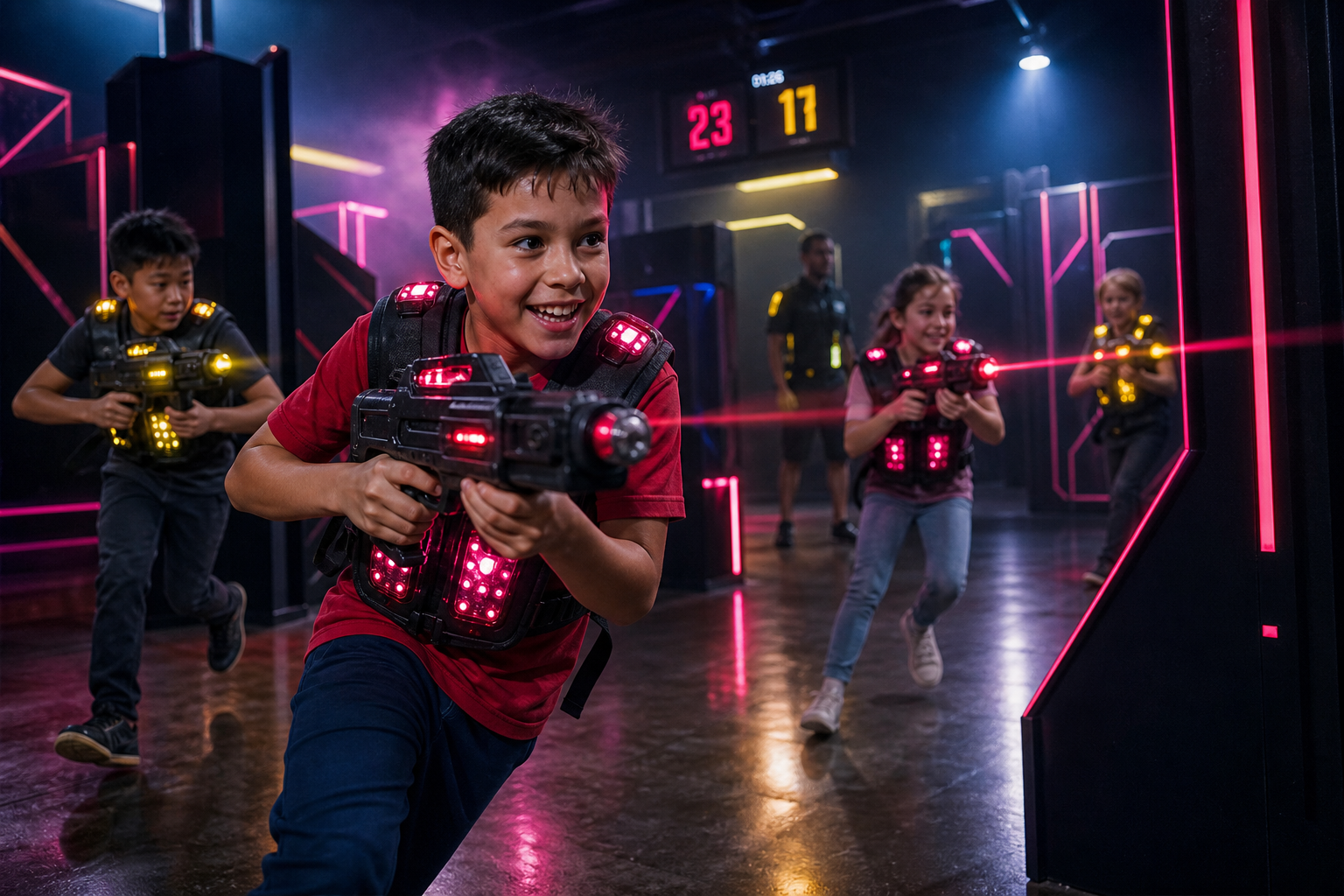 Children playing laser tag in a neon-lit arena wearing team vests