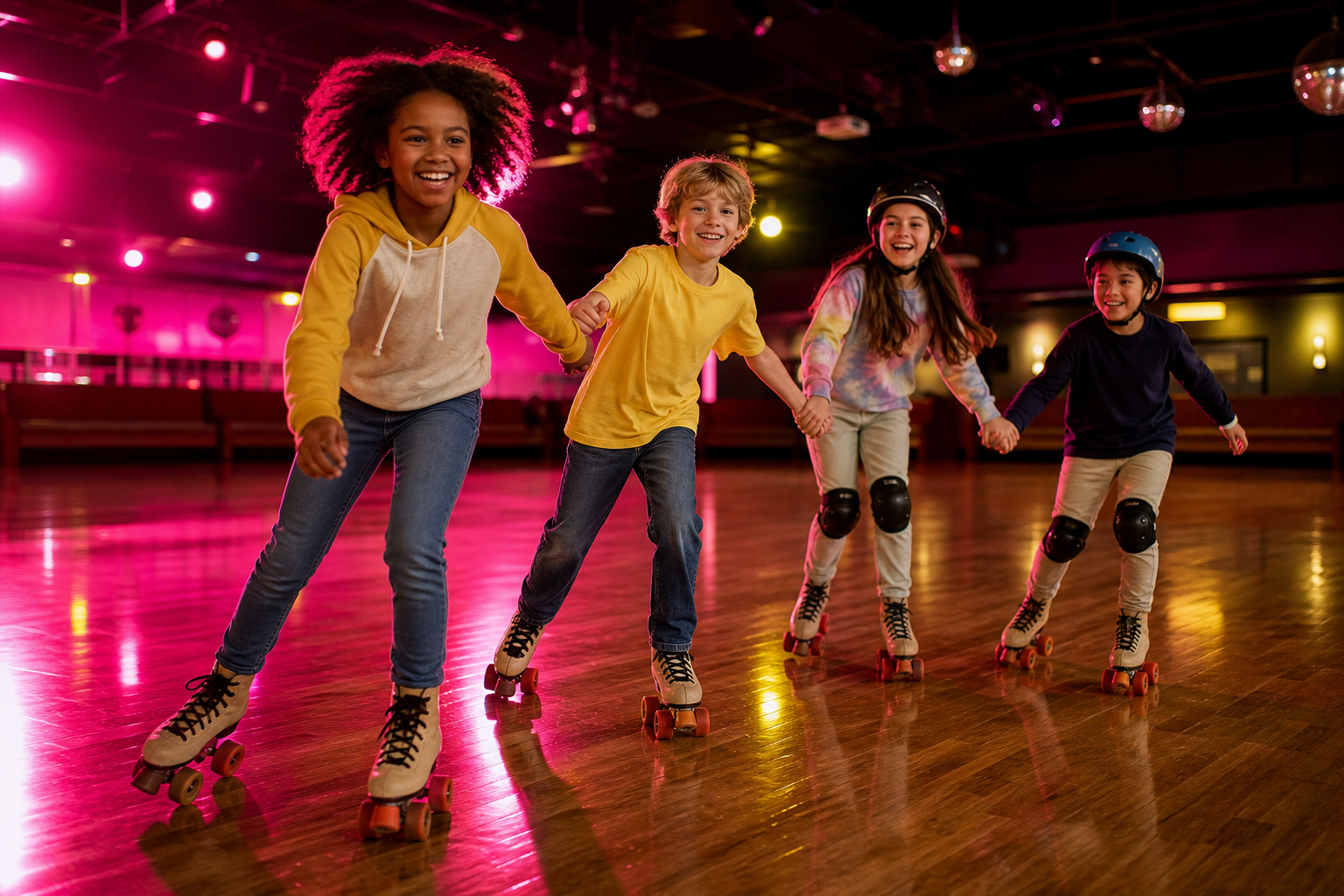 Children roller-skating under coloured lights at a party