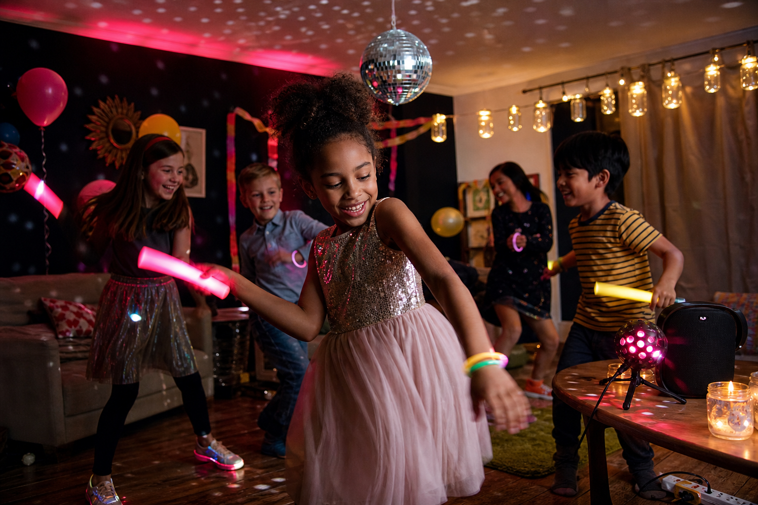 Children dancing with glow sticks under party lighting at a home disco
