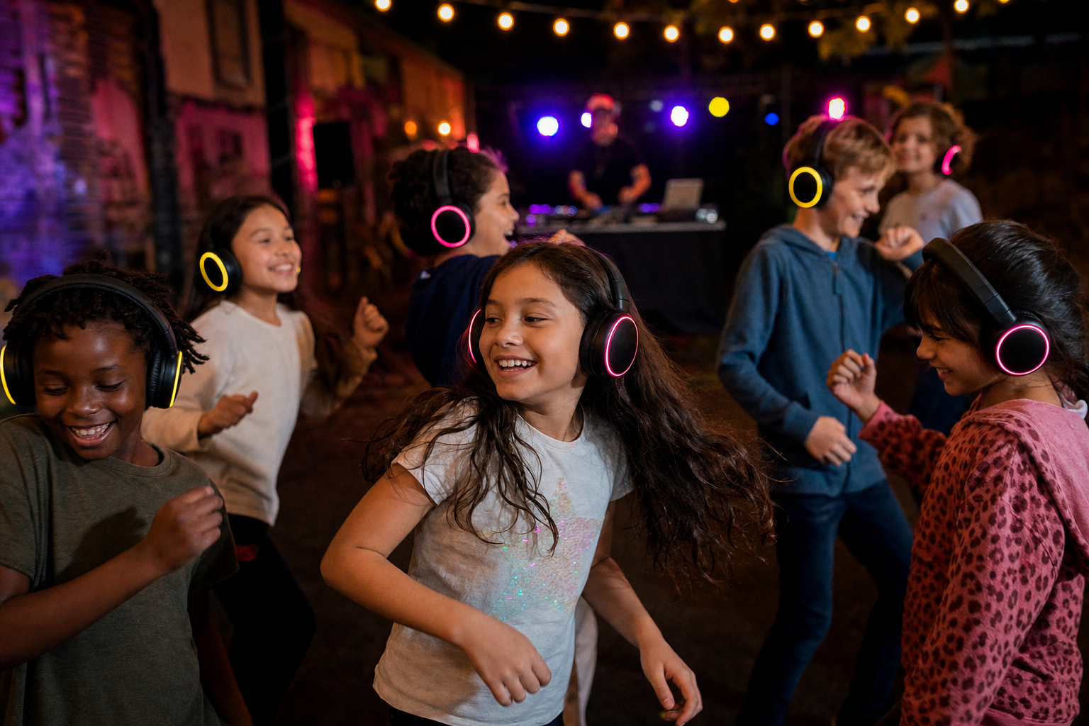 Children wearing wireless LED headphones at a silent disco party for 11 year olds