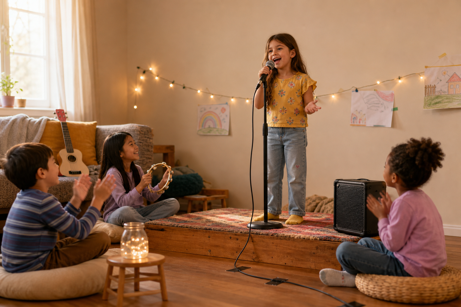 A child singing into a microphone on a small home stage with friends clapping