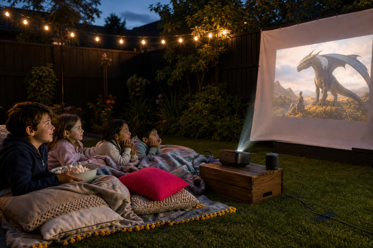 Children watching a film on a backyard projector at dusk, seated on cushions and blankets
