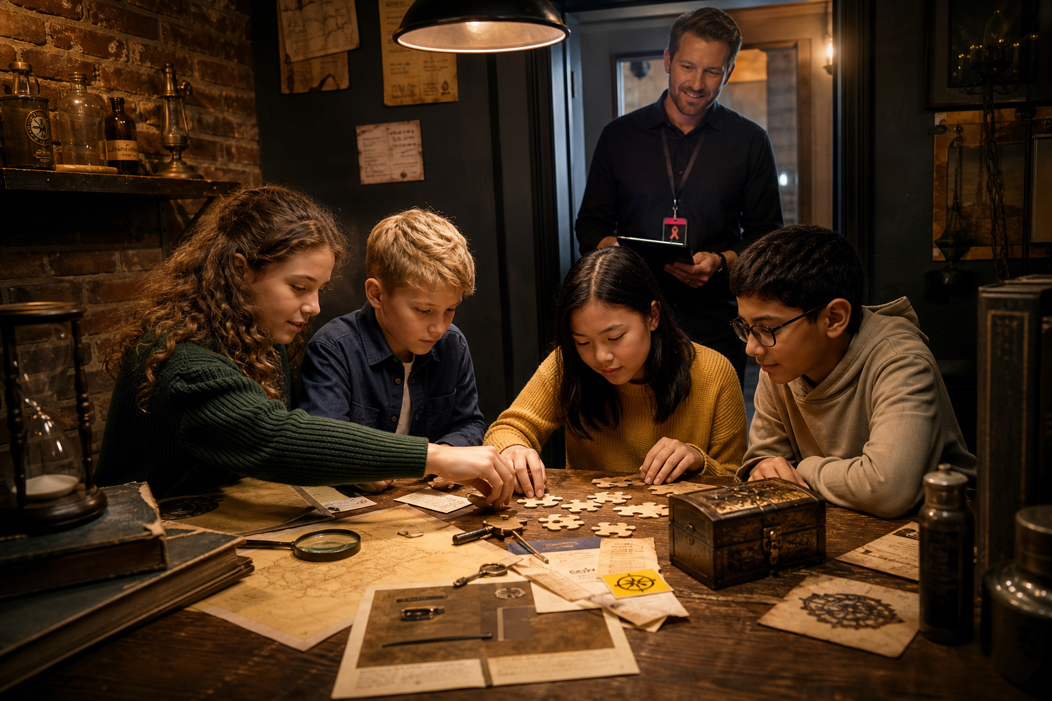 Children collaborating on an escape room puzzle with a game master observing
