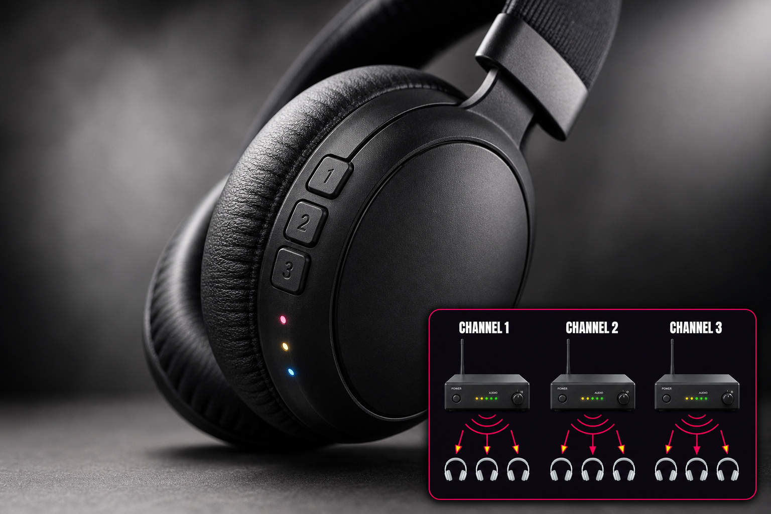 Close-up of silent disco headphones showing channel buttons and coloured LED indicators