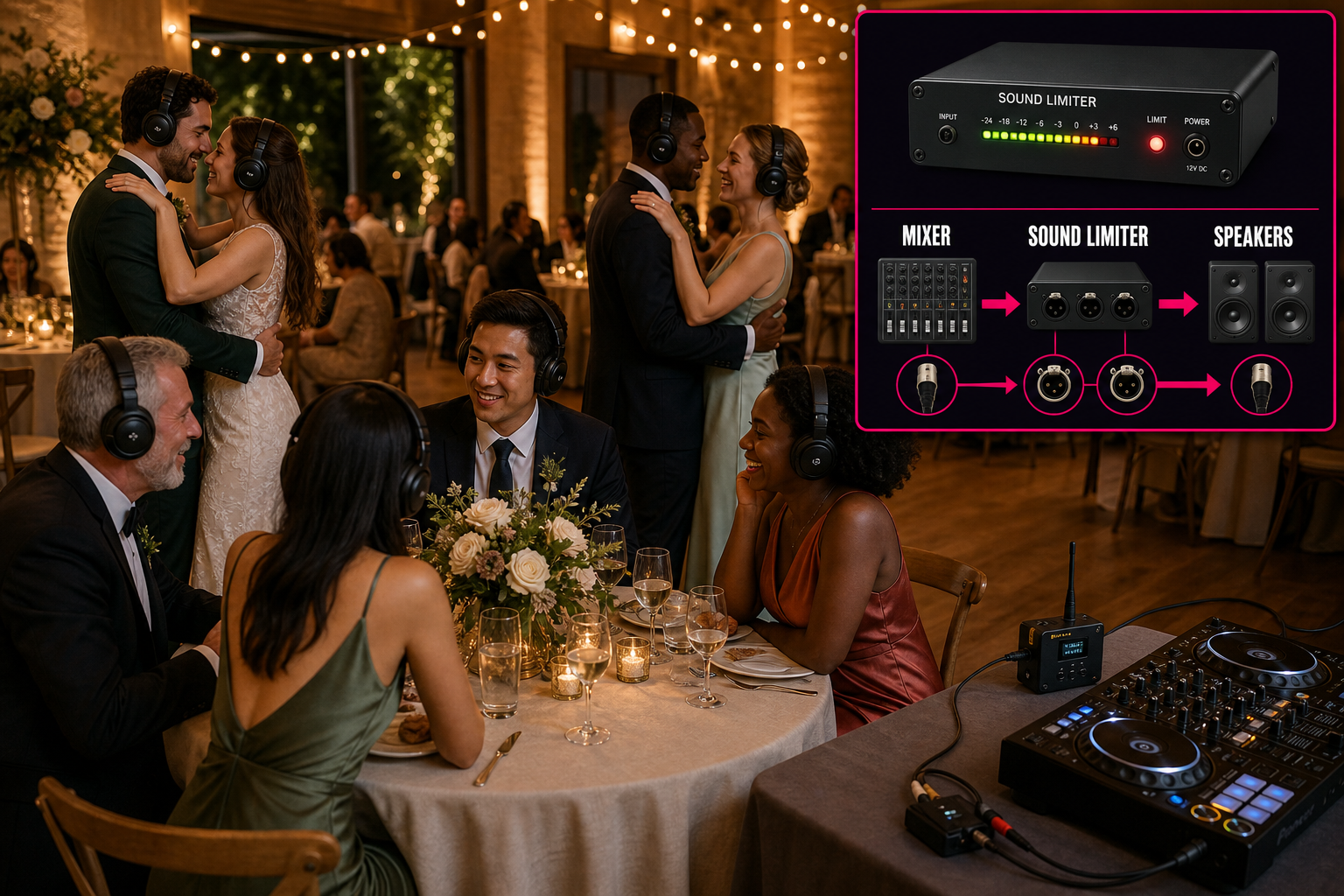 Wedding reception with guests wearing silent disco headphones in a quiet-looking venue