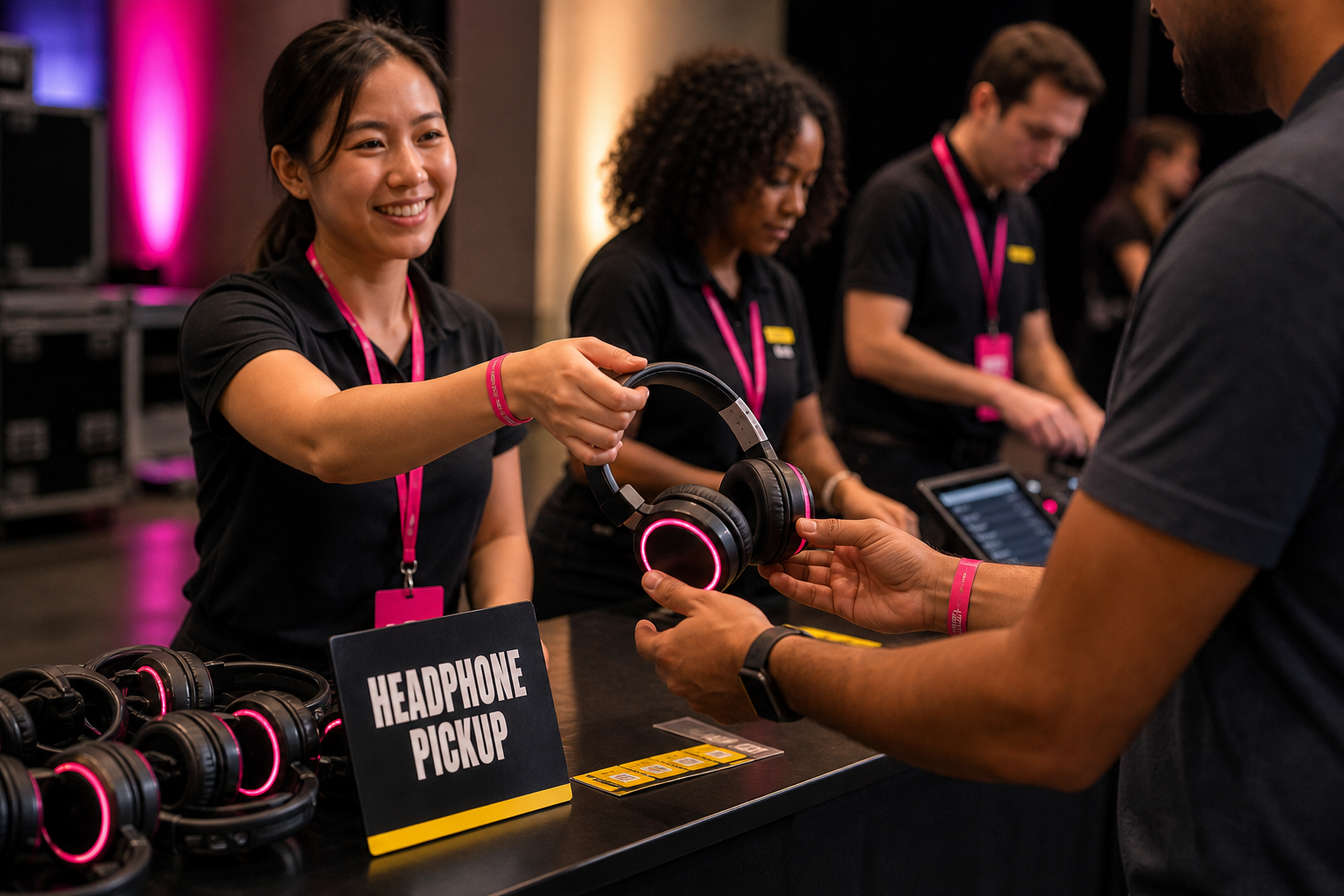 Staff handing out glowing silent disco headphones to guests at an event